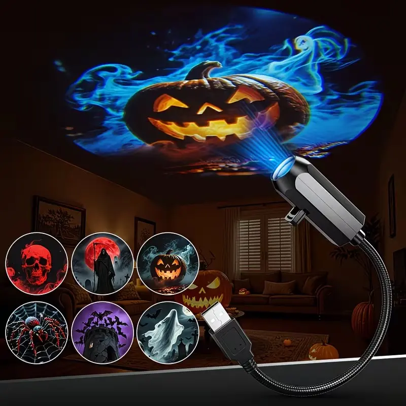 Halloween Projector Lights, 6 Patterns USB Spooky Projection Light, Halloween Wall Decor for Home Indoor Outdoor Party Decorations