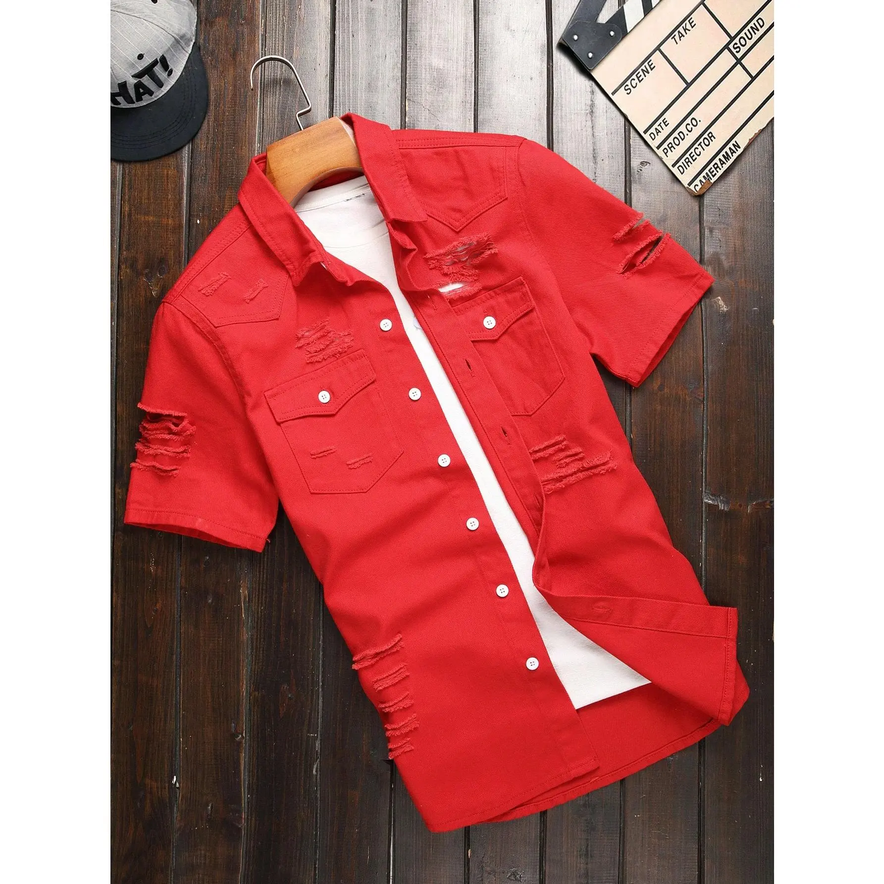 Men’s Red Distressed Denim Shirt Short Sleeve Vintage Washed Ripped Button Up Streetwear Y2K Hip Hop Casual Overshirt Slim Relaxed Fit Cotton Summer Fashion Top with Chest Pockets Workwear