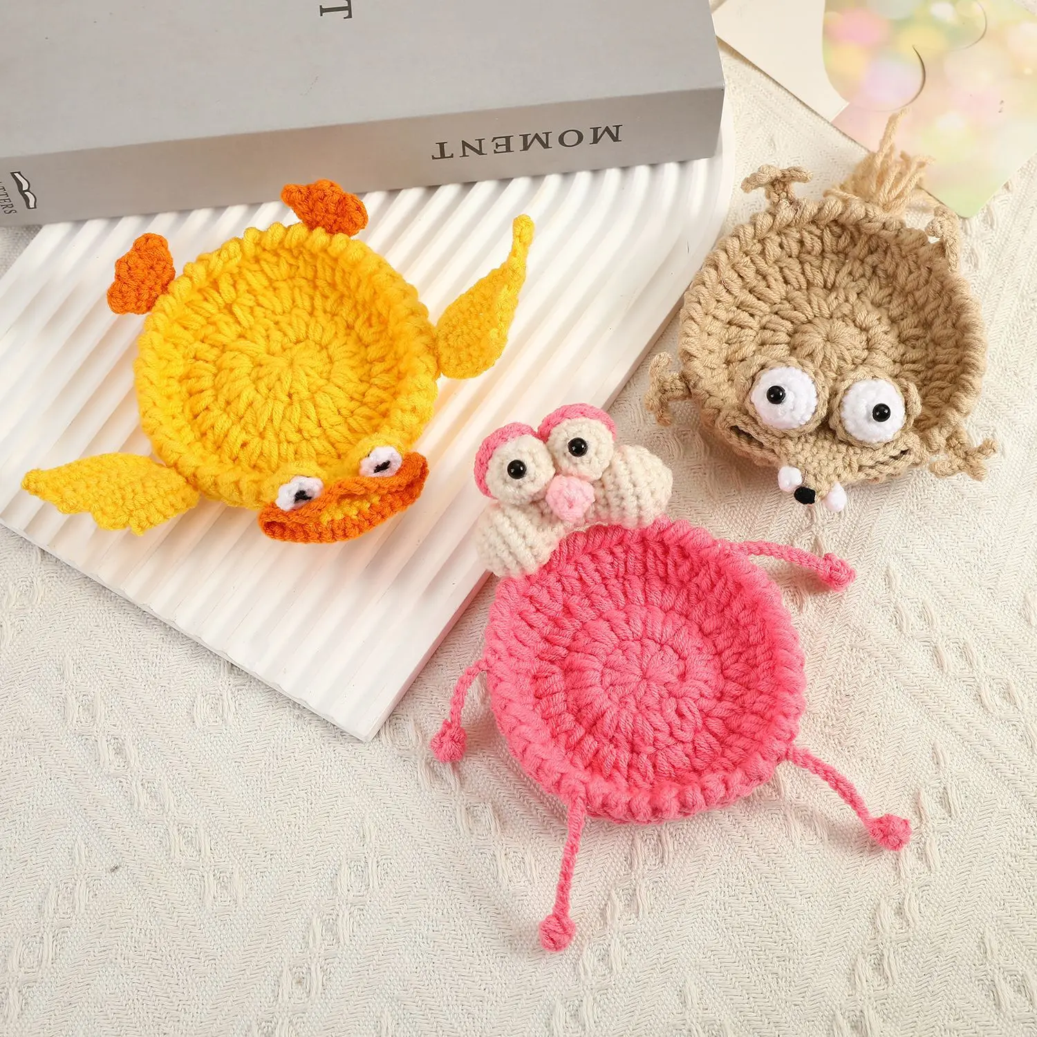 Handmade Crocheted Animal Shapes Coaster Set - Cute Kawaii Cartoon, Heat-Resistant Anti-Scald Table Mat, Non-Slip Absorbent, Fits Cups Mugs Glasses, Premier League Fan Home Kitchen Decor, Table Mats, Unzip Ugly Duckling Coaster, Cute Coasters