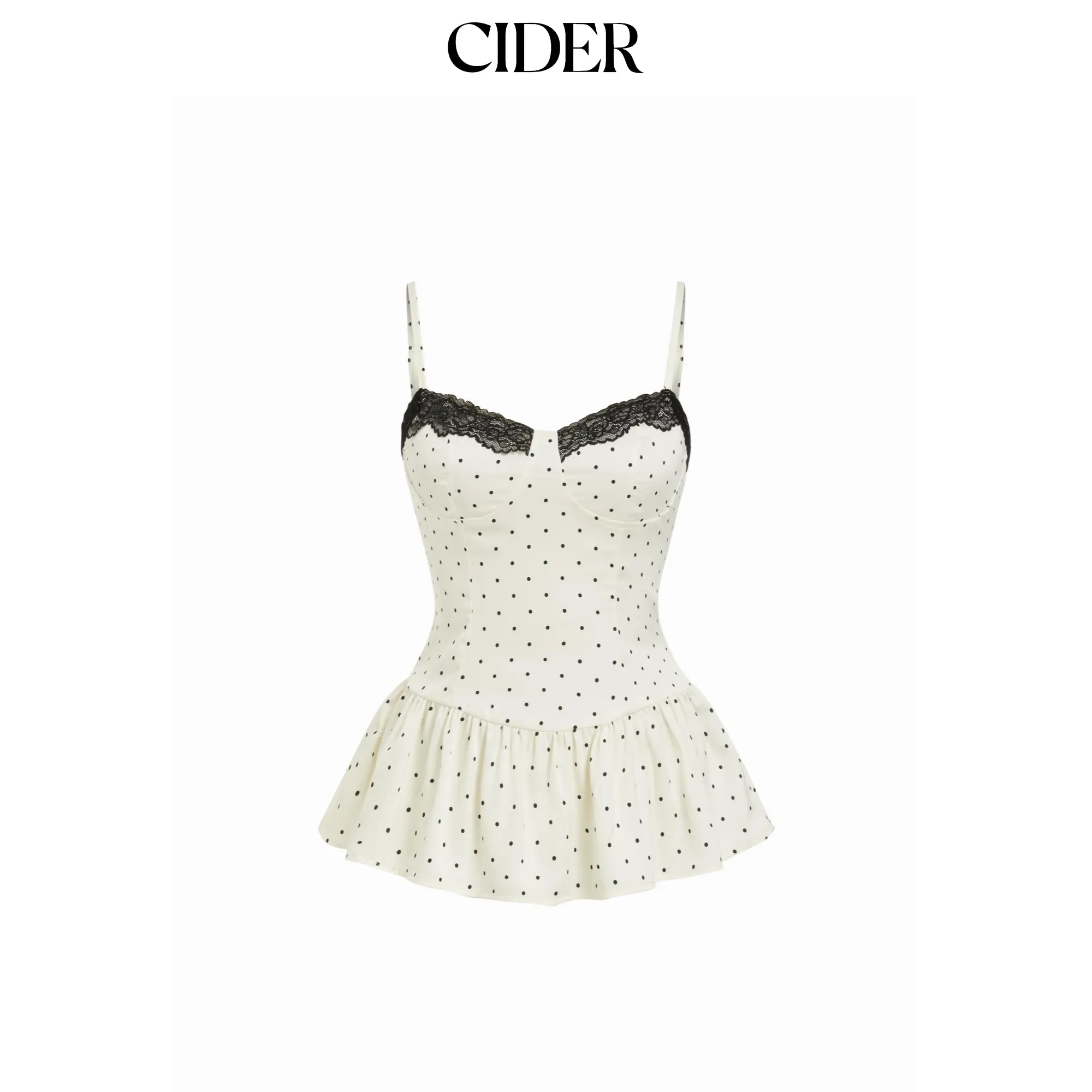Cider Satin Polka Dot Sweetheart Lace Trim Peplum Hem Cami Blouse