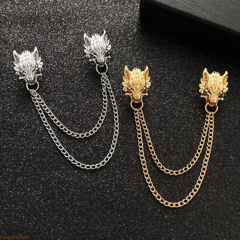 Retro Polished Antique Dragon Head Pixiu Collar Pin with Chain - 8.7cm Male Alloy Suit Brooch, Lucky Beast Statement Pixiu Sculpture Accessory for Business & Daily Wear