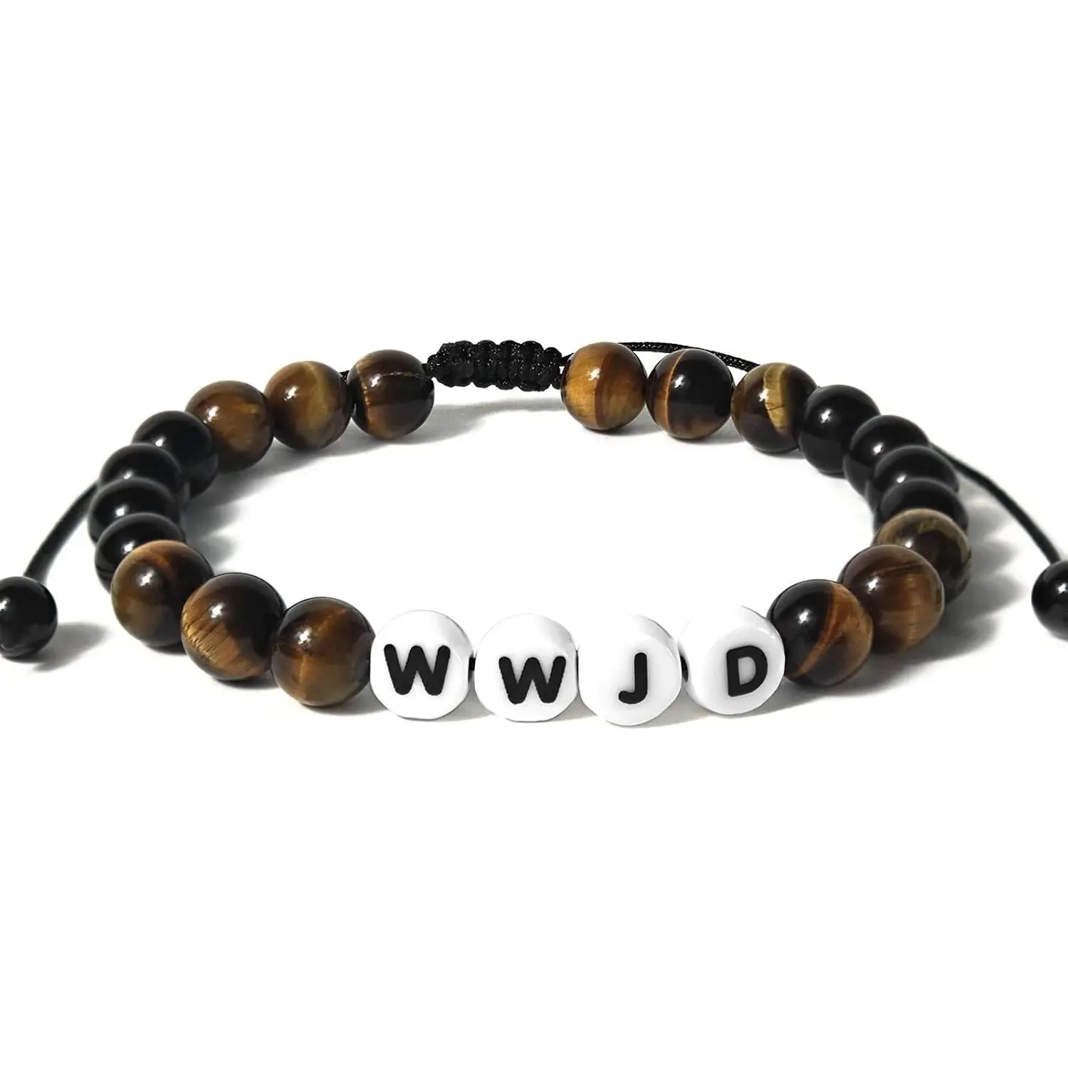 WWJD Beaded Bracelets for Men Christian Catholic Adjustable 8mm Obsidian Hematite Bracelet Set Father's Day Birthday Gifts