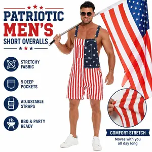 250th Anniversary 4th of July American Flag Overalls for Men, Stretch Denim Patriotic Jumpsuit for Independence Day Party & Parade