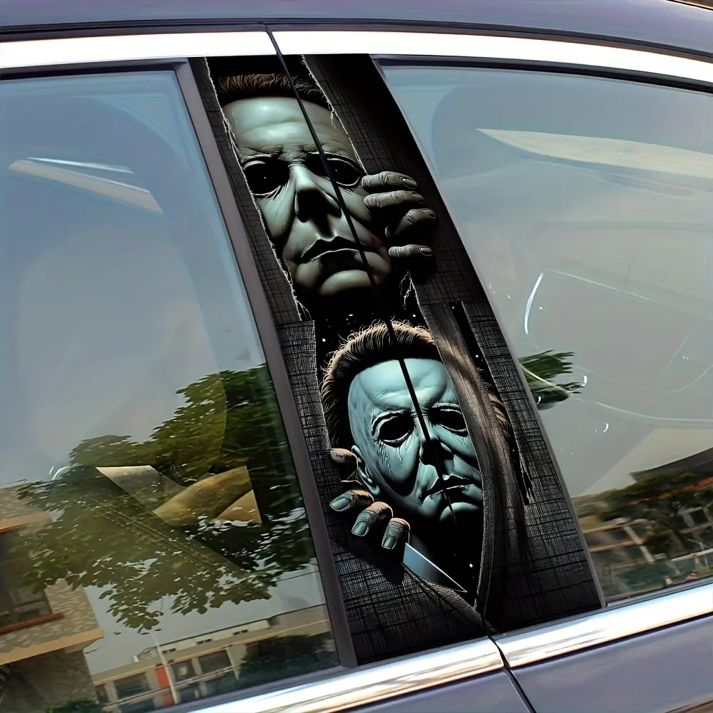 Set of 2 Horror-Themed Car Stickers Featuring a Masked Figure, Made from Vinyl with a Matte End. They Are Easy to Apply, Leave No Residue, And Are Resistant to Scratches And Water. These Self-Adhesive