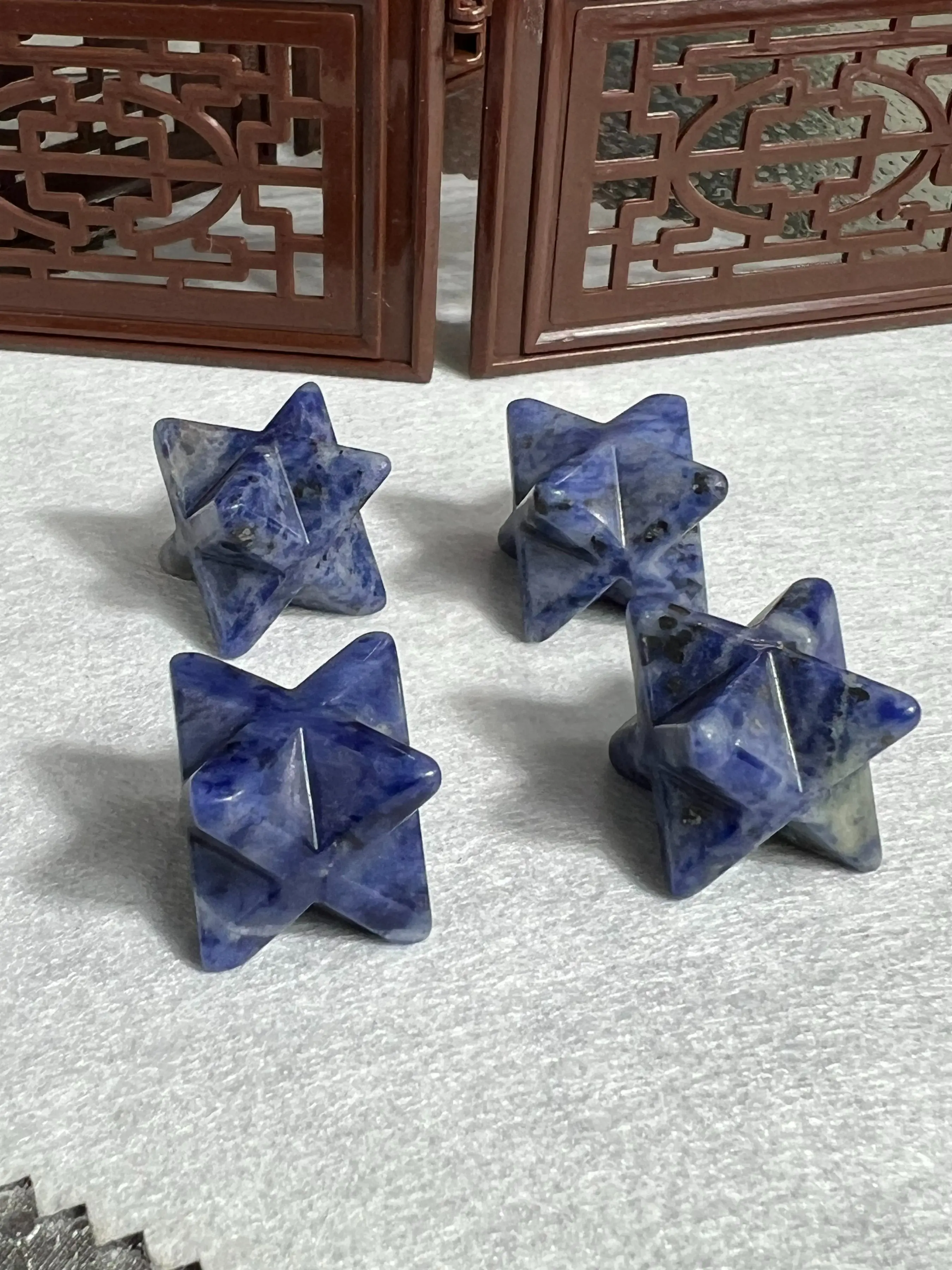 Natural Blue sodalite Merkaba Sculpture, Diagonal 20 Hexagram Life Flower David Star Octagon, Decorative Ornament