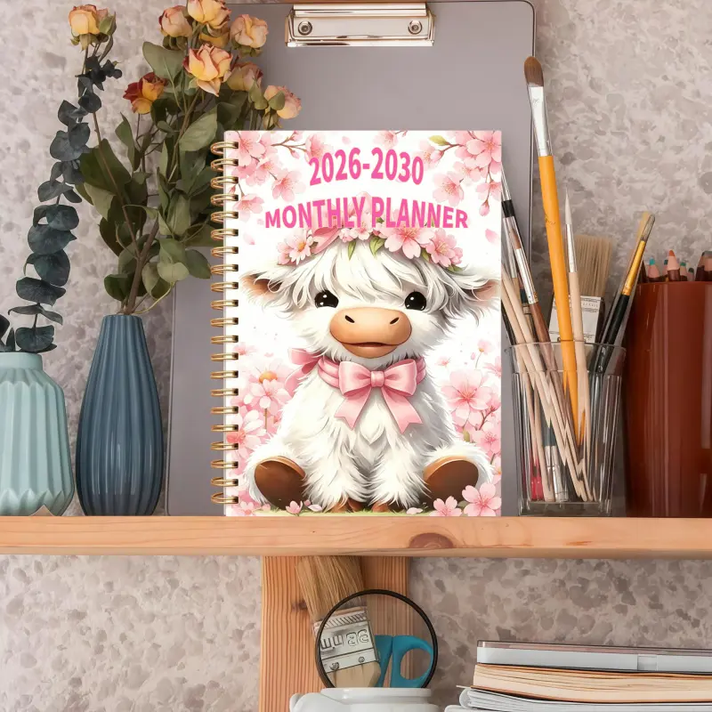 2026-2030 Five-Year Notebook - Full-year record from 2026 to 2030, multifunctional monthly planner, pink flower meadow and bison-themed cover, month-tab design, includes 60 full months of pages, portable size 13.97 x 21.08 cm, Cute Planner
