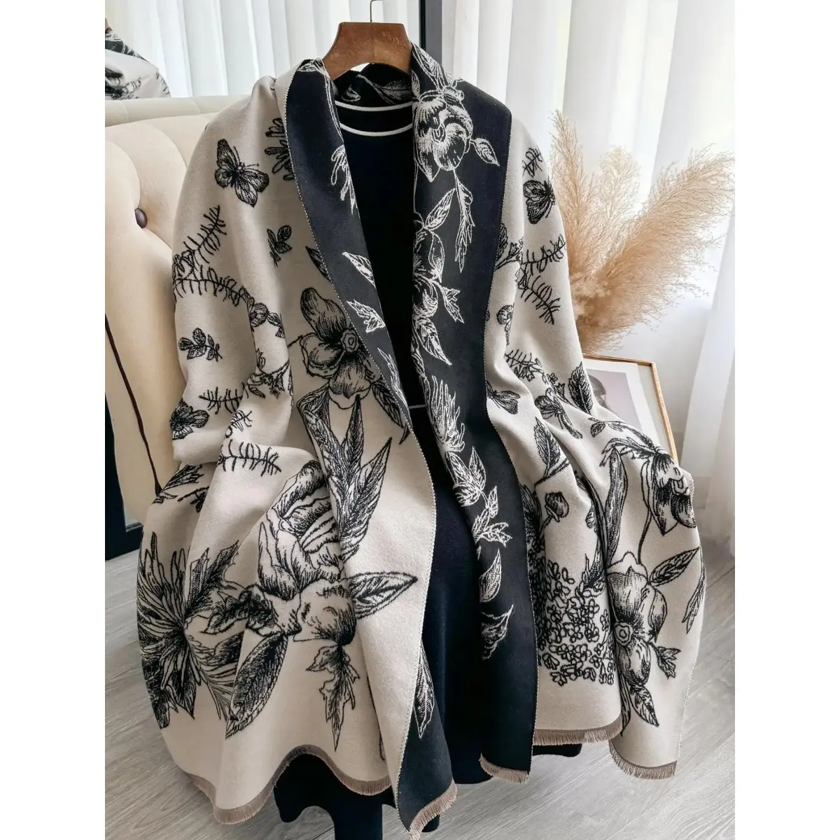 Women's Boho Floral Print Shawl, Soft Cotton Tencel Double-Sided Long Scarf for Everyday Wear in Fall & Winter, Satin, Female, Plain, Casual, Simple, Solid, Italian, Soft Fabric, Washable Cotton