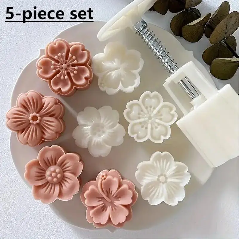 Flower Shaped Moon Cake Mold, 5counts/set Including 1count Mold & 4counts Stamps, DIY Hand Press Cookie Stamps, Baking Tool, Baking Supplies, Kitchen Gadgets for Baking