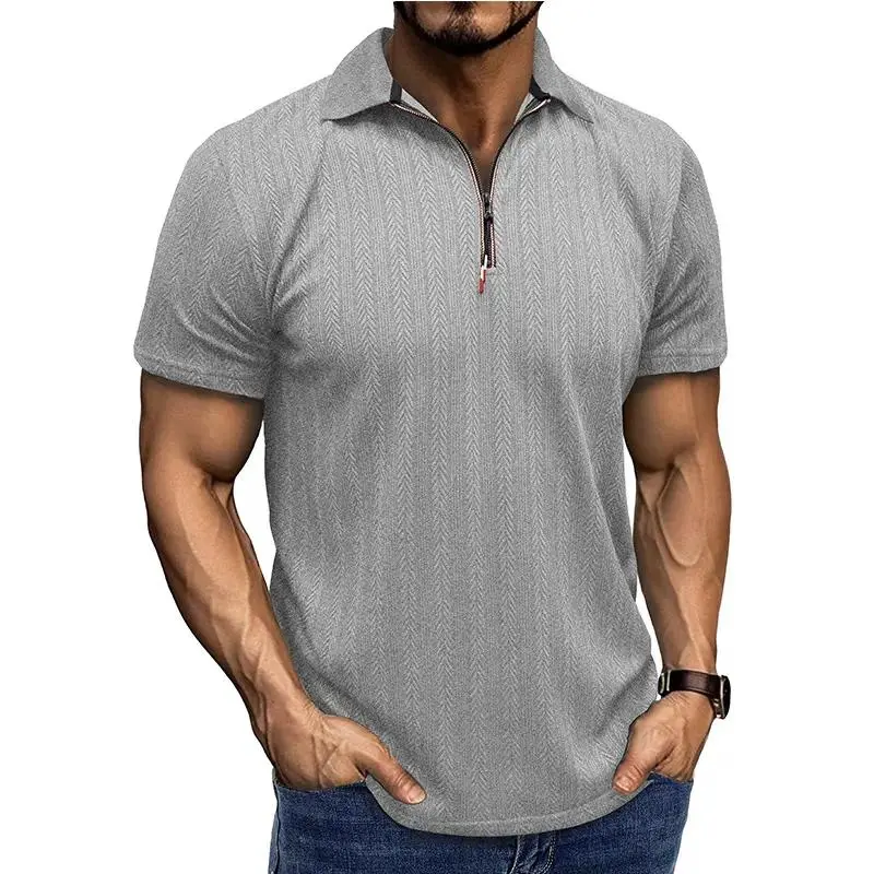 Men's Textured Herringbone Half-Zip Polo Shirt - Standard Size Breathable Short-Sleeve Smart Casual Top for All-Season Layering Menswear with Textured Woven Fabric (Beige, Black)