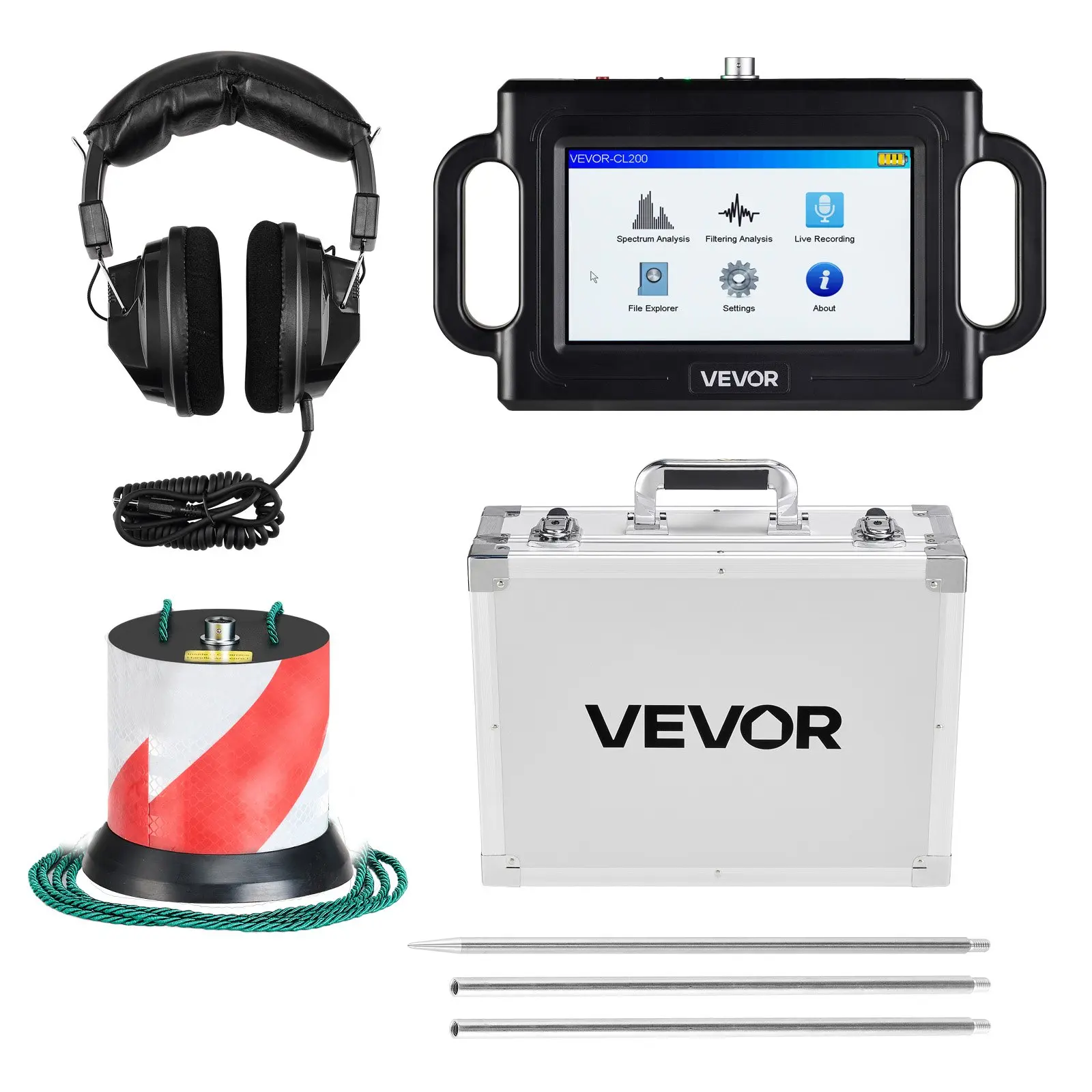 VEVOR Handheld Underground Pipe Water Leak Detector Full Kit, 1Hz-5000Hz, 7" Touchscreen Locator for 6.6FT (2m) Plumbing - Sensor, 3 Listening Rods, Headphones, 8GB Card, Carry Case, Leak Finding