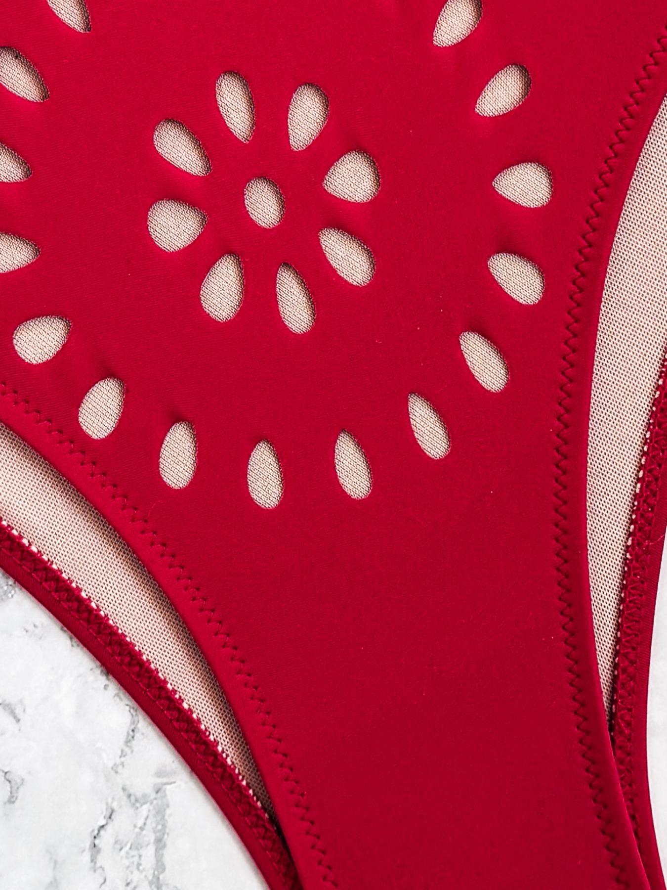 Women's Solid Color Hollow Out Scallop Trim One-piece Swimsuit, High Stretch Sexy Casual Adjustable Spaghetti Strap Backless Sleeveless Swimwear for Beach Holiday Vacation, Ladies Swimsuit for All Seasons, Swimsuit Style