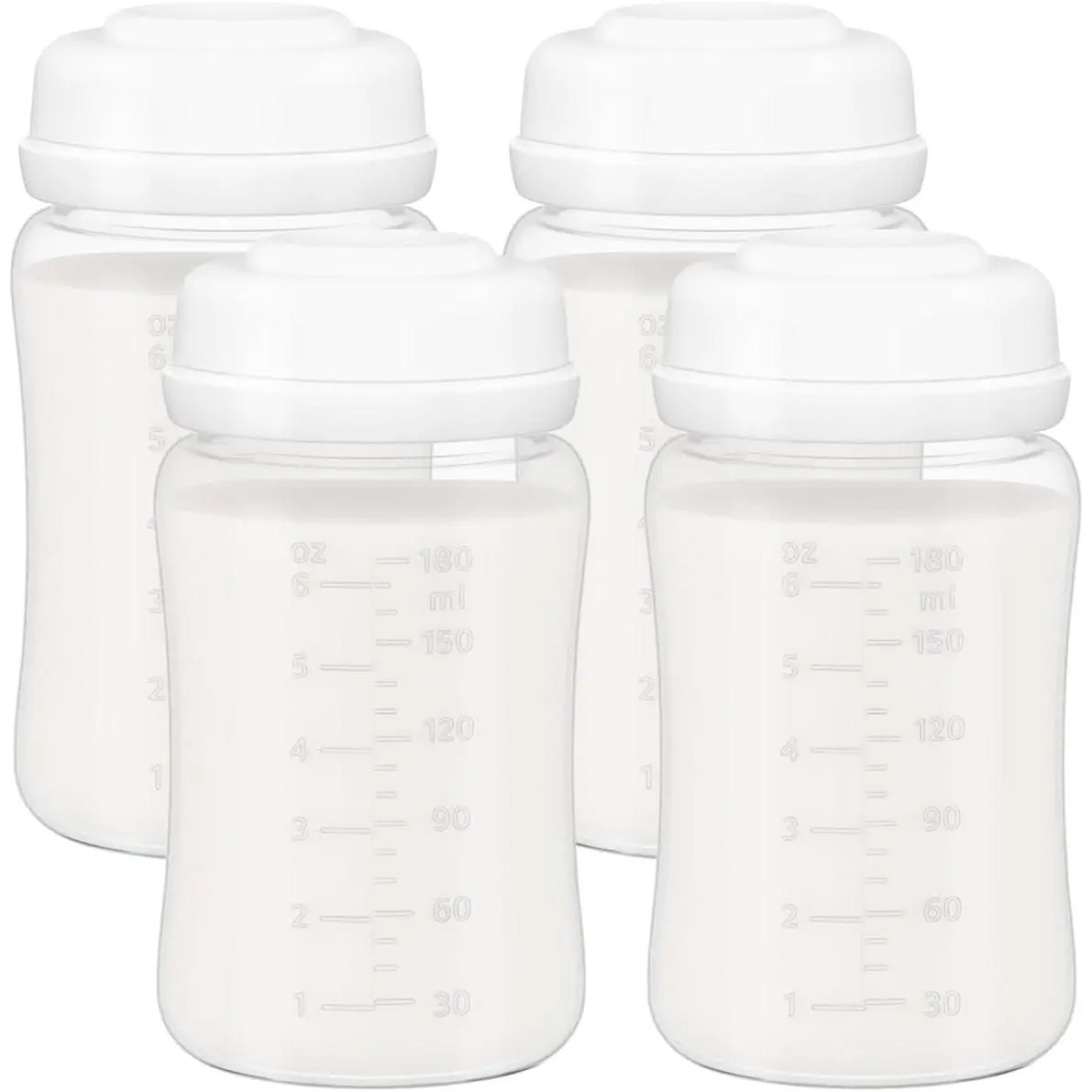 6oz Wide-Mouth Breastmilk Storage Bottles with Two-Pieces Sealing Cap, Leak-Proof Design, No-Fade Reading Marking,  with Spectra S1 S2 9 Plus, Motif Luna, and Most Wide-Mouth Flanges, 4 Pack