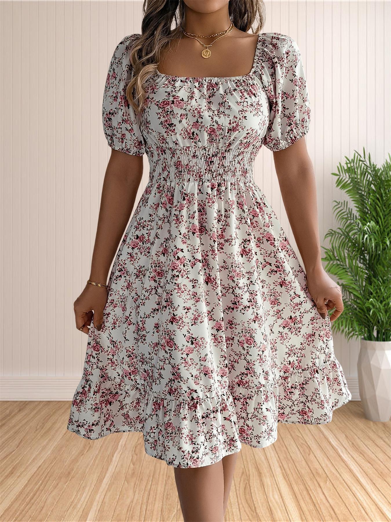 Women's Ditsy Floral Print Shirred Ruffle Hem Dress, Boho Fashion Square Neck Puff Sleeve Dress for Holiday, Daily and Casual Wear, Ladies Dress for Summer, Cute