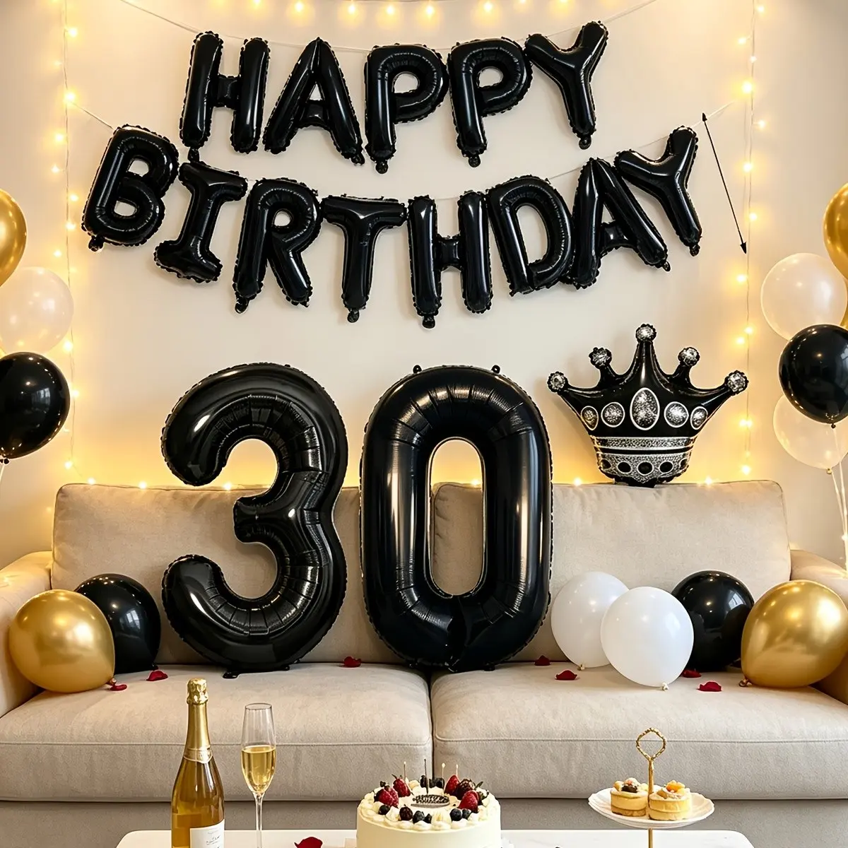 18Pcs Black Happy Birthday Balloon Set, 32 Inch Black Number 30 Foil Balloon with Glue Dots & 1 Ribbon, Black Theme Birthday Party Decor Supplies for 30th Birthday Anniversary Celebration
