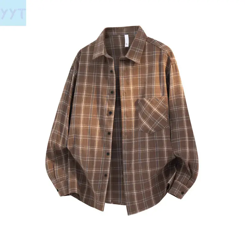 YYT1 Men's Cotton Blend Plaid Checkered Print Shirt Jacket - Soft Japanese Retro Style, Loose-Fit, Foldable, All Seasons, Long-Sleeve Baggy Outerwear, Machine Wash, Smart Casual Wardrobe Staple