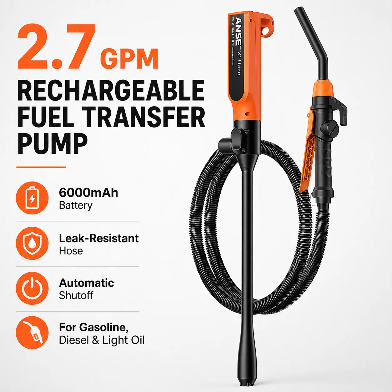 Rechargeable Fuel Transfer Pump with 2.7 GPM Fast Flow, 6000mAh Battery, Leak-Resistant Hose & Automatic Shutoff, Portable Refueling Tool for Gasoline, Diesel, Light Oil, Farm Equipment, Vehicles & Garage Use
