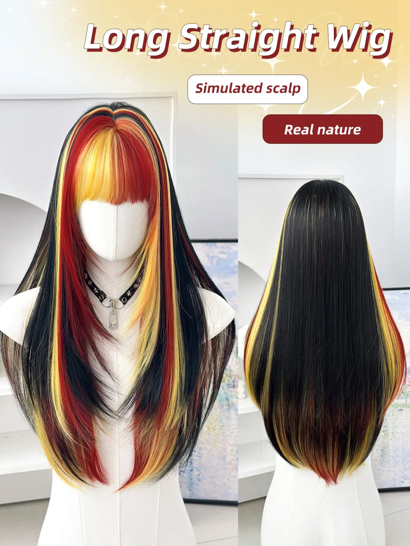 Highlighted Layered Straight Long Wig, Punk Rock Role Play Daily Synthetic Hair Wig, Synthetic Fiber Wig, Synthetic Material Wigs, Bangs Included, Wig With Bangs, All Seasons