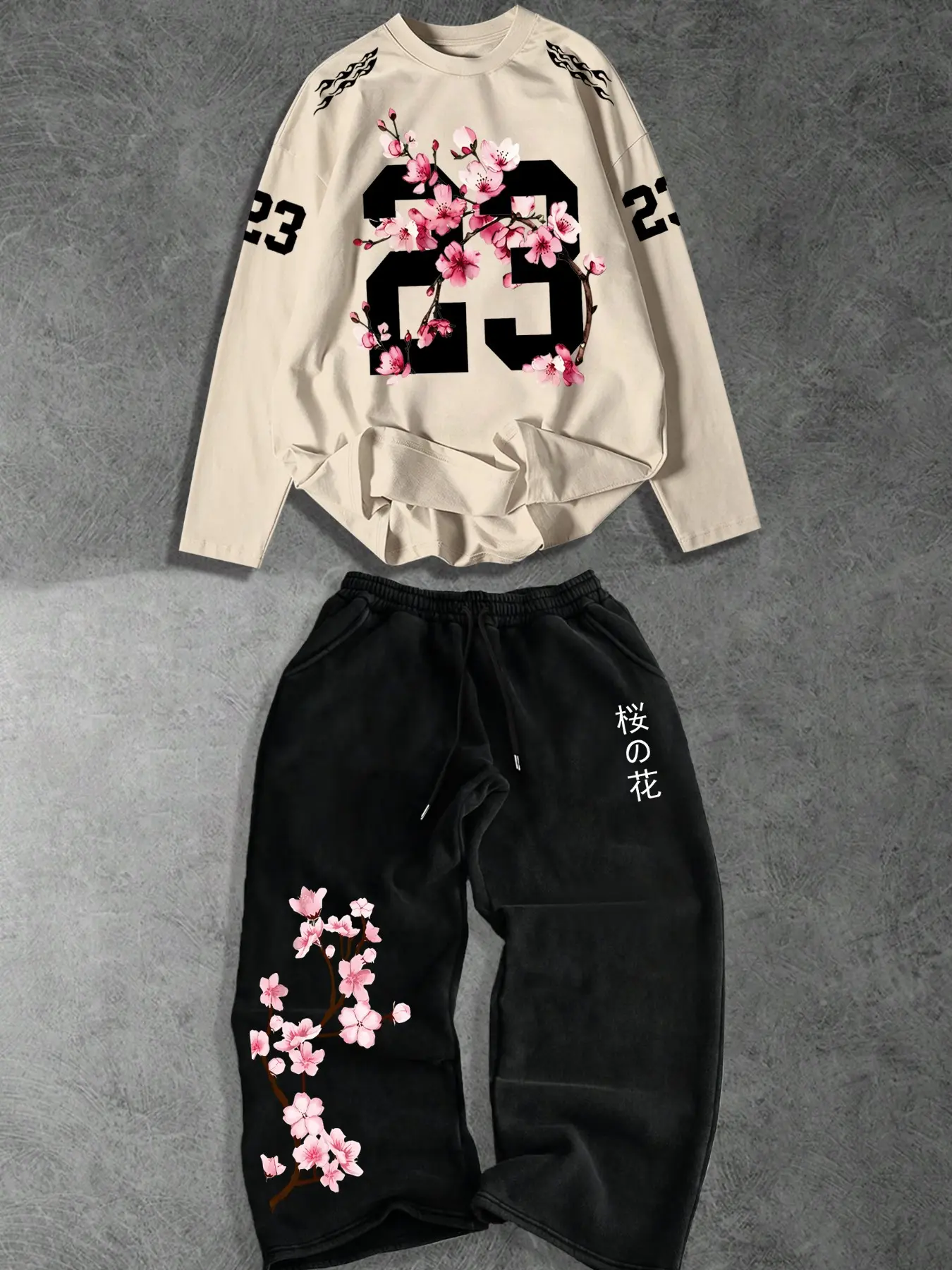 Men's Long Sleeve T-Shirt Set + Casual Drawstring Pants, Number 23 and Floral Cherry Blossom Print, Trendy Fashion for Outdoor Activities, 2 Pieces