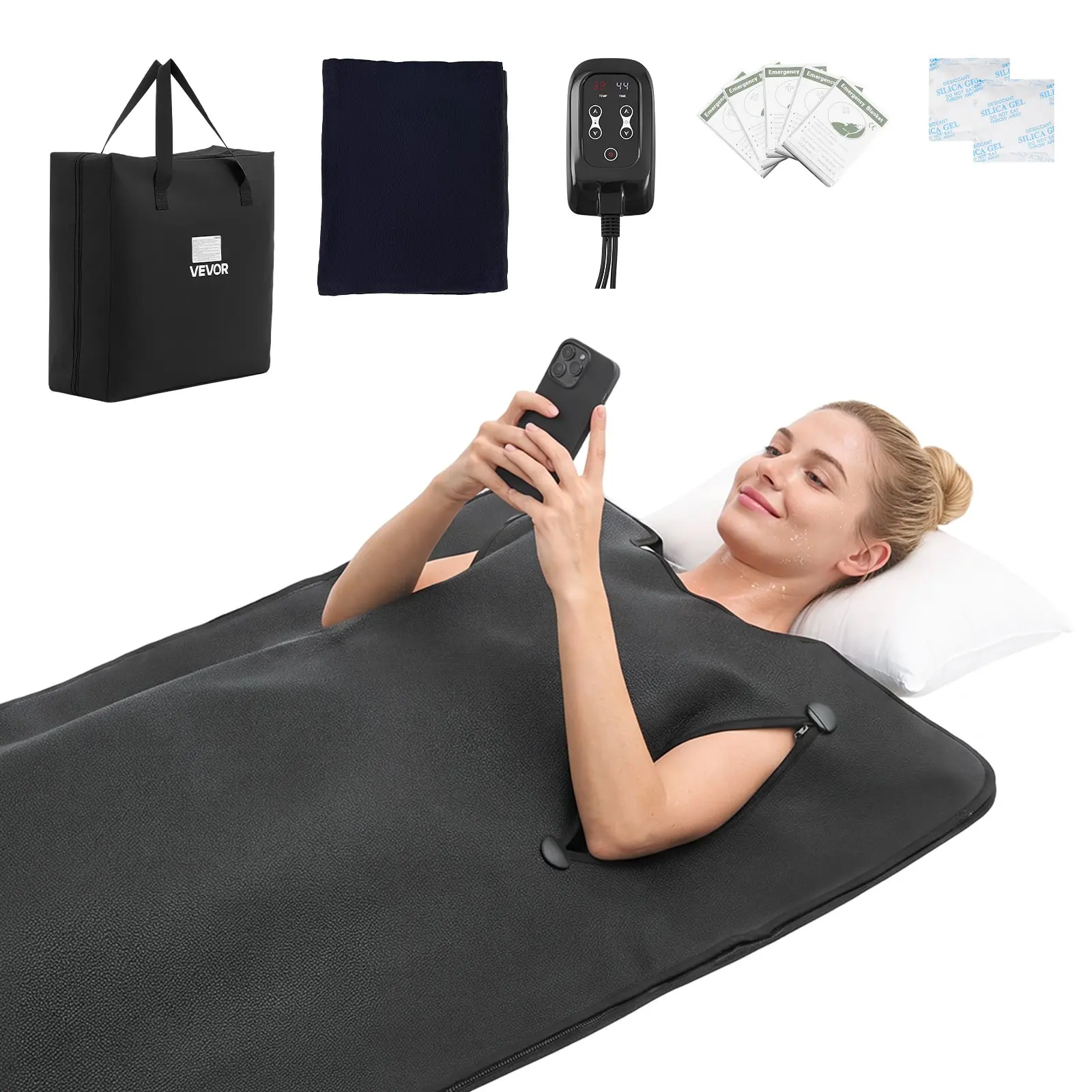 VEVOR Infrared Sauna Blanket with Armholes, 71 x 35 in Portable Sauna Bag, Even Heating for Home Detox & Relaxation, Temp Control & Timer, PU Leather Heating Wrap with Towel Liner, Carry Bag, Black