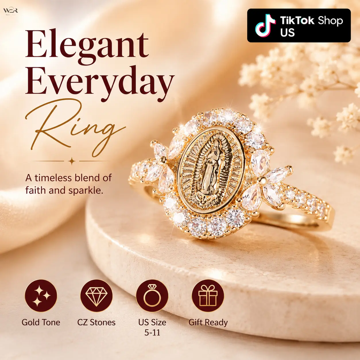 Gold-Tone Virgin Mary Ring for Women, Vintage Religious Statement Jewelry with a CZ Halo and Paved Shank, Christian Gift for Faith and Blessing
