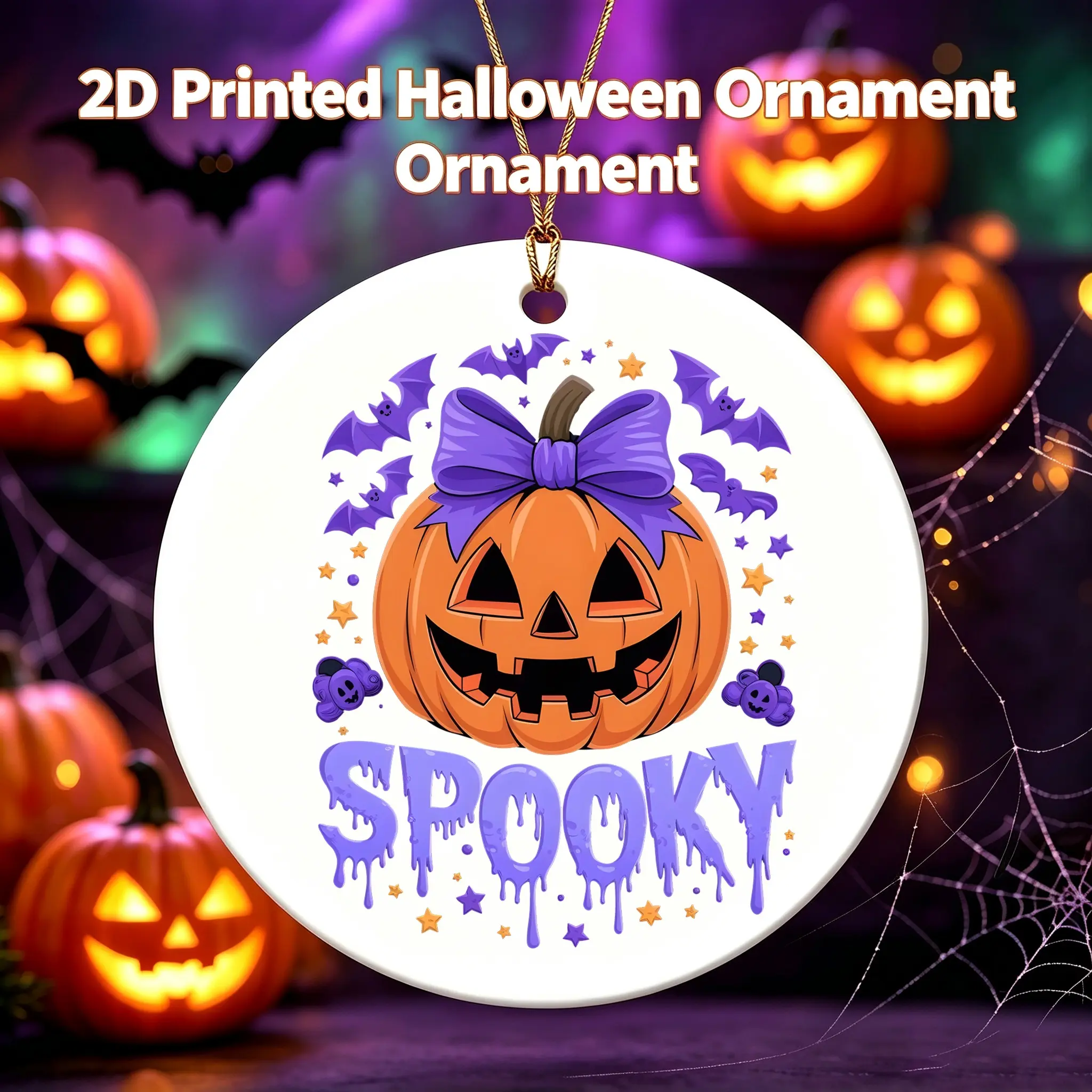 Halloween Style Ceramic Ornament Spooky Pumpkin With Purple Bow Design Ceramic Hanging Decoration For Home Party Decor 3 Inch