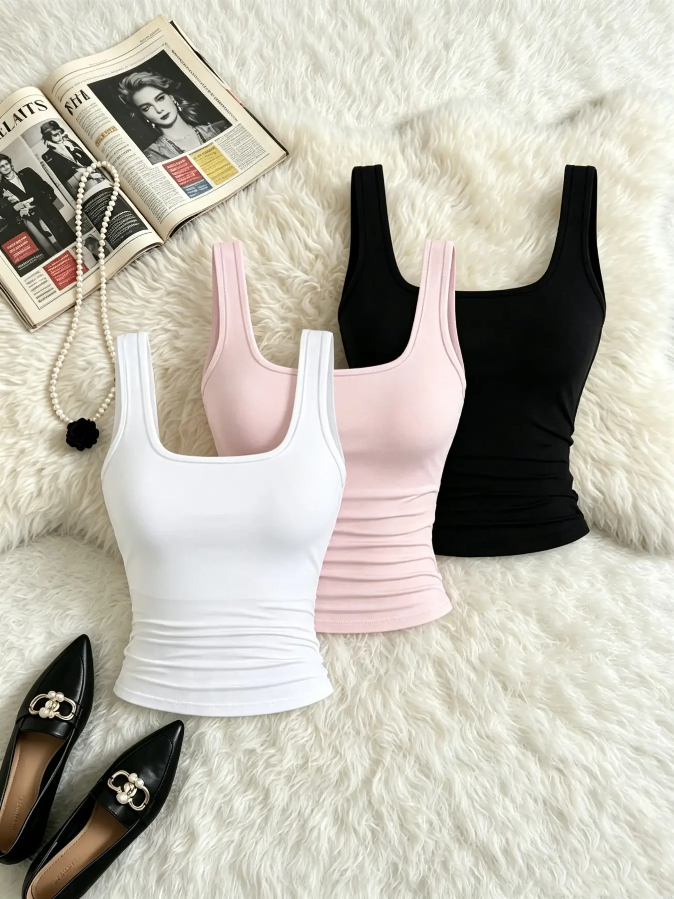 Women's Square Neck Pleated Short Tank Top, Slim Fit Sleeveless Strapless Vest, Basic Daily Wear, Three-Piece Set, Camisole Tank Tops