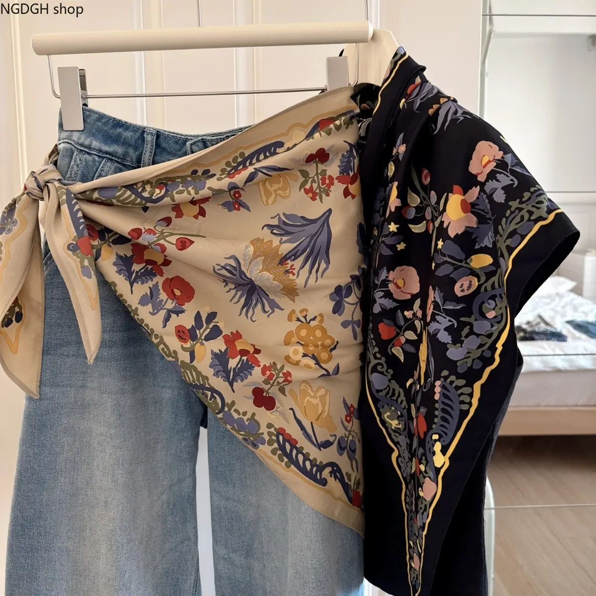 French Vintage Floral Hip Scarf Skirt for Women, Silk Feel Botanical Pattern Satin Waist Wrap, Trendy Cottagecore Layering Over Jeans Accessories, Elegant Asymmetrical Shawl Belt, Beige 1Pc