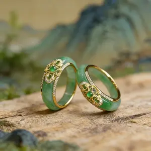 A Lady'S Elegant Green Jade Ring, Luxurious Jewelry, with Adjustable Opening, Imitation Core And Golden Tone Band, Cut Center Gemstone, Perfect for Daily Or Formal Occasions, Wedding/Anniversary Gifts