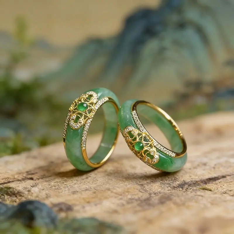 Female Luxurious Jewelry Elegant Green Jade Ring - Adjustable Opening, Imitation Core, Golden-Tone Band, Cut Center Gemstone, Perfect for Party, Wedding/Anniversary Gifts