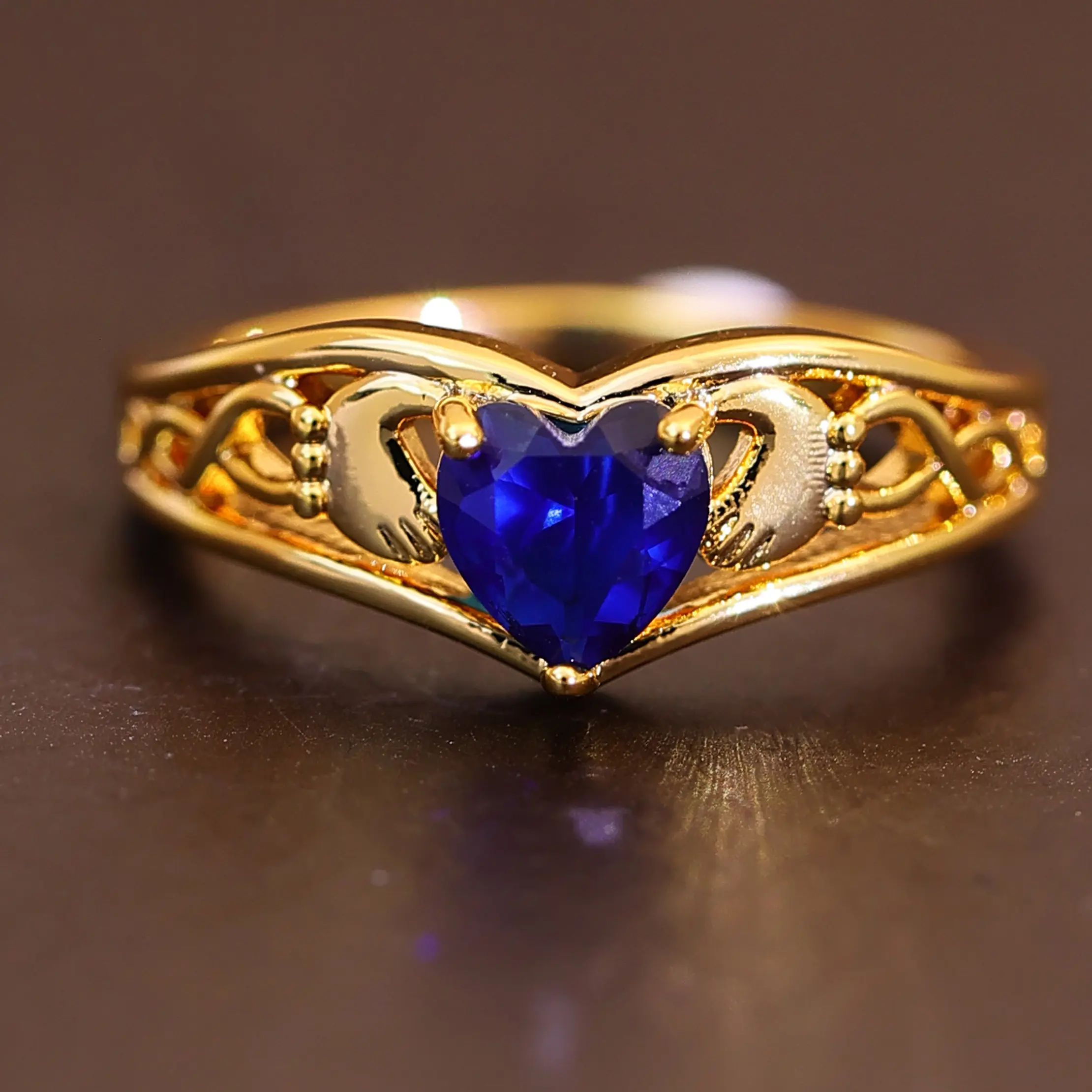 Statement Ring for Women, Golden-Tone Celtic-Inspired Promise Band with a Blue Heart-Cut Stone, Elegant Bridal Jewelry Gift, Accessories For Women, Rings For Women