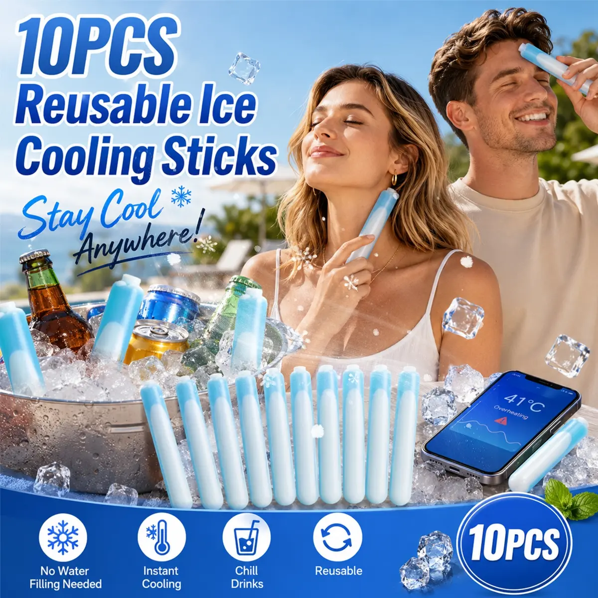 10PCS Reusable Freezer Cooling Sticks, Portable Ice Rods for Beverage Cooling, No Water Filling Long-Lasting Cold Packs for Cooler, Ice Bucket, Drinks, Lunch Box, Camping, Picnic, BBQ, Party and Outdoor Food Fresh Keeping