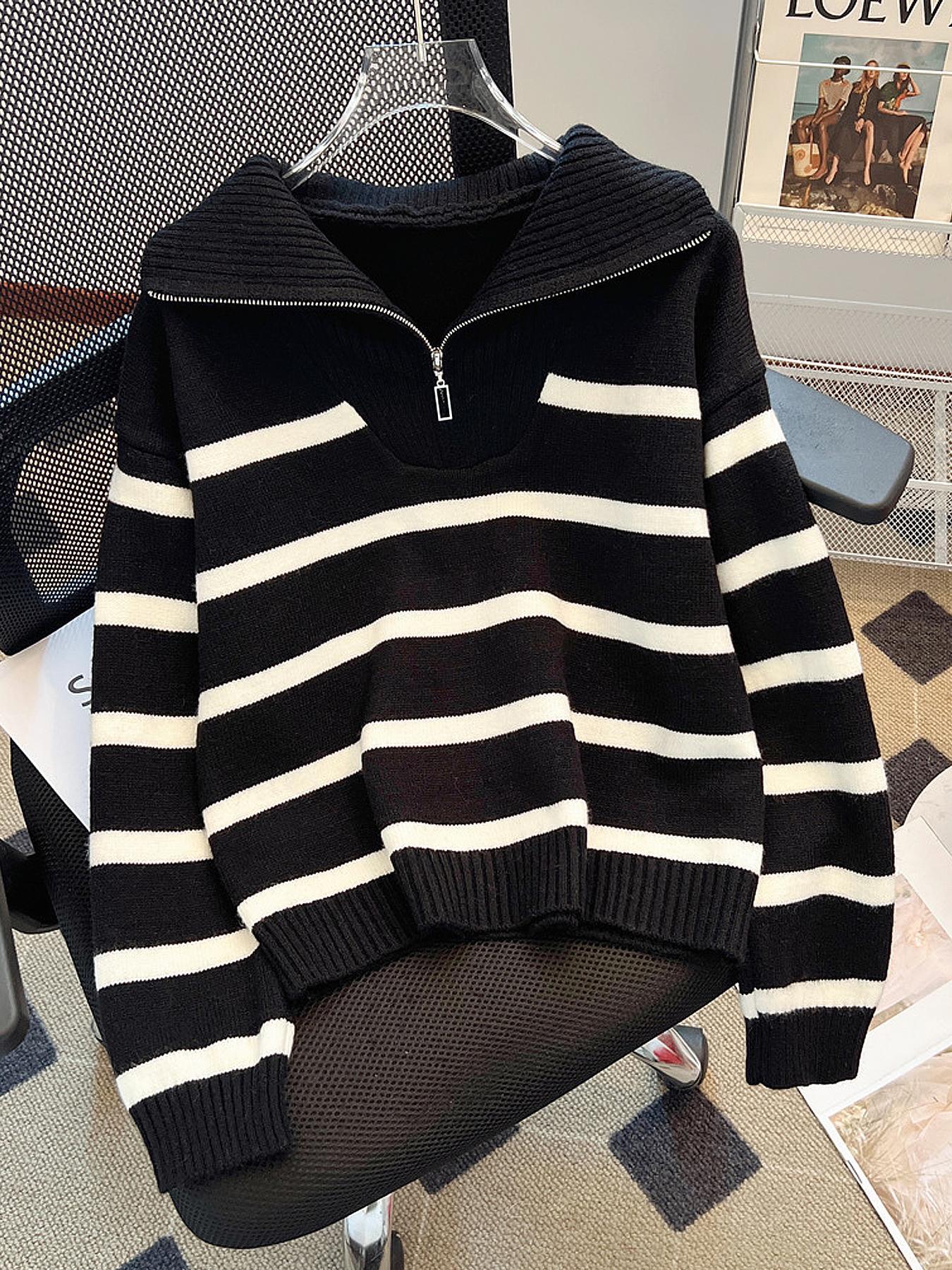 Women's Striped-Print Drop-Shoulder Sweater with Half-Zipper, Casual Long-Sleeve Collared Jumper for Daily Outdoor Wear, Knitwear for Fall & Winter, National Day Outfit