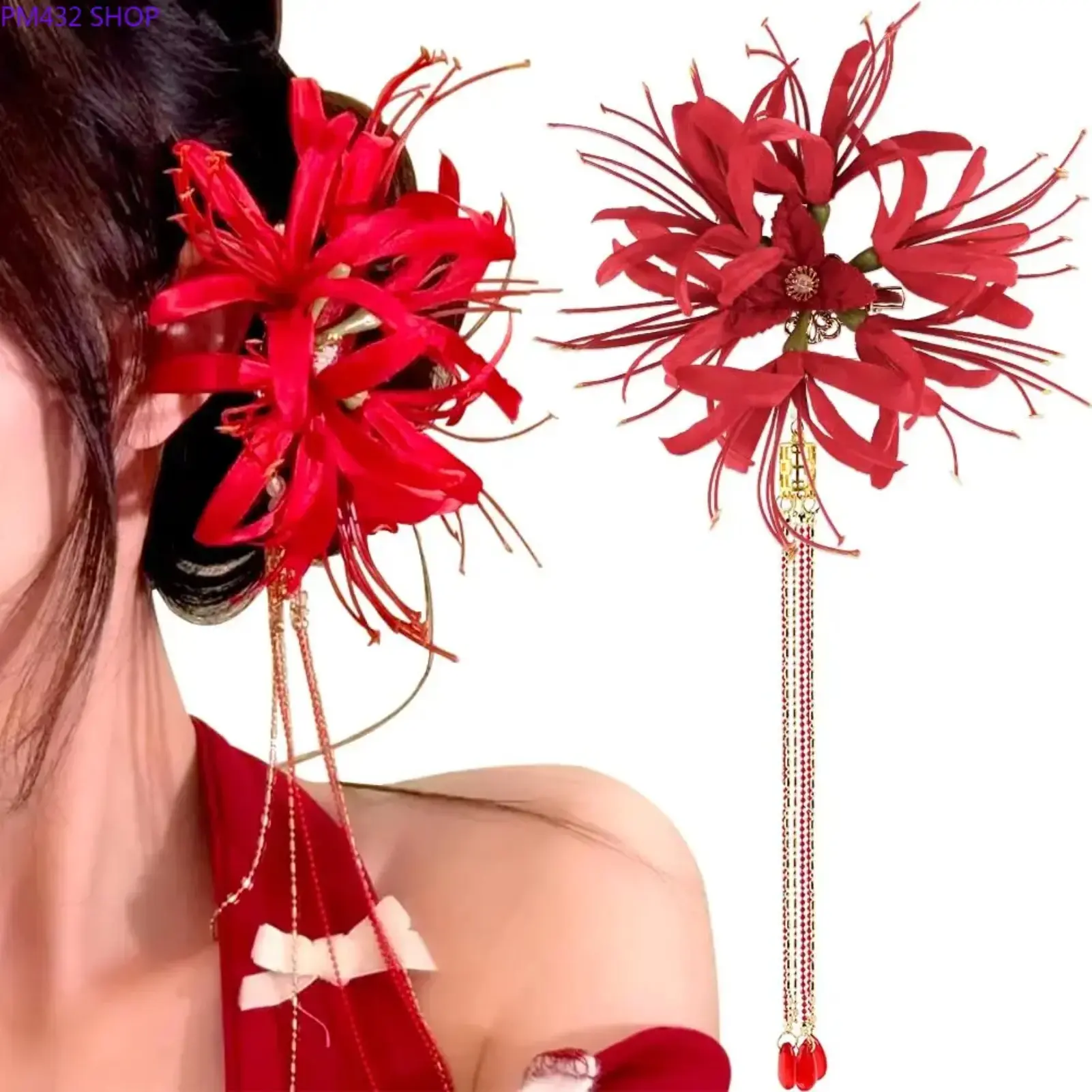 Women's Gothic Red Spider Lily (Lycoris Radiata) Flower Tassel Duckbill Barrettes - Mystical Charm Dark Aesthetic Hair Clips, Decorative Hairpins for Weddings & Alternative Fashion Styling