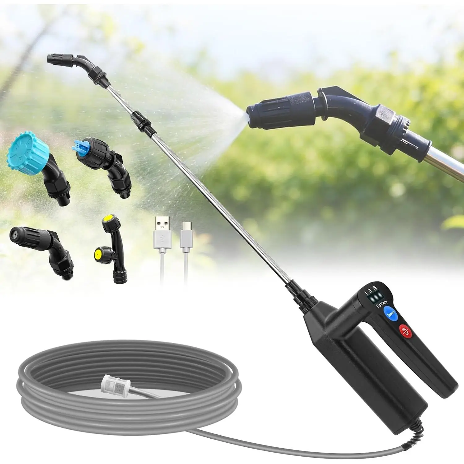 Electric Sprayer Wand, 3 Adjustable Pressures   Garden Sprayer Wand with 31" Telescopic Wand, 16.4FT Hose, 4 Nozzles, Portable Water Sprayer for Lawn, Weed, Yard Care