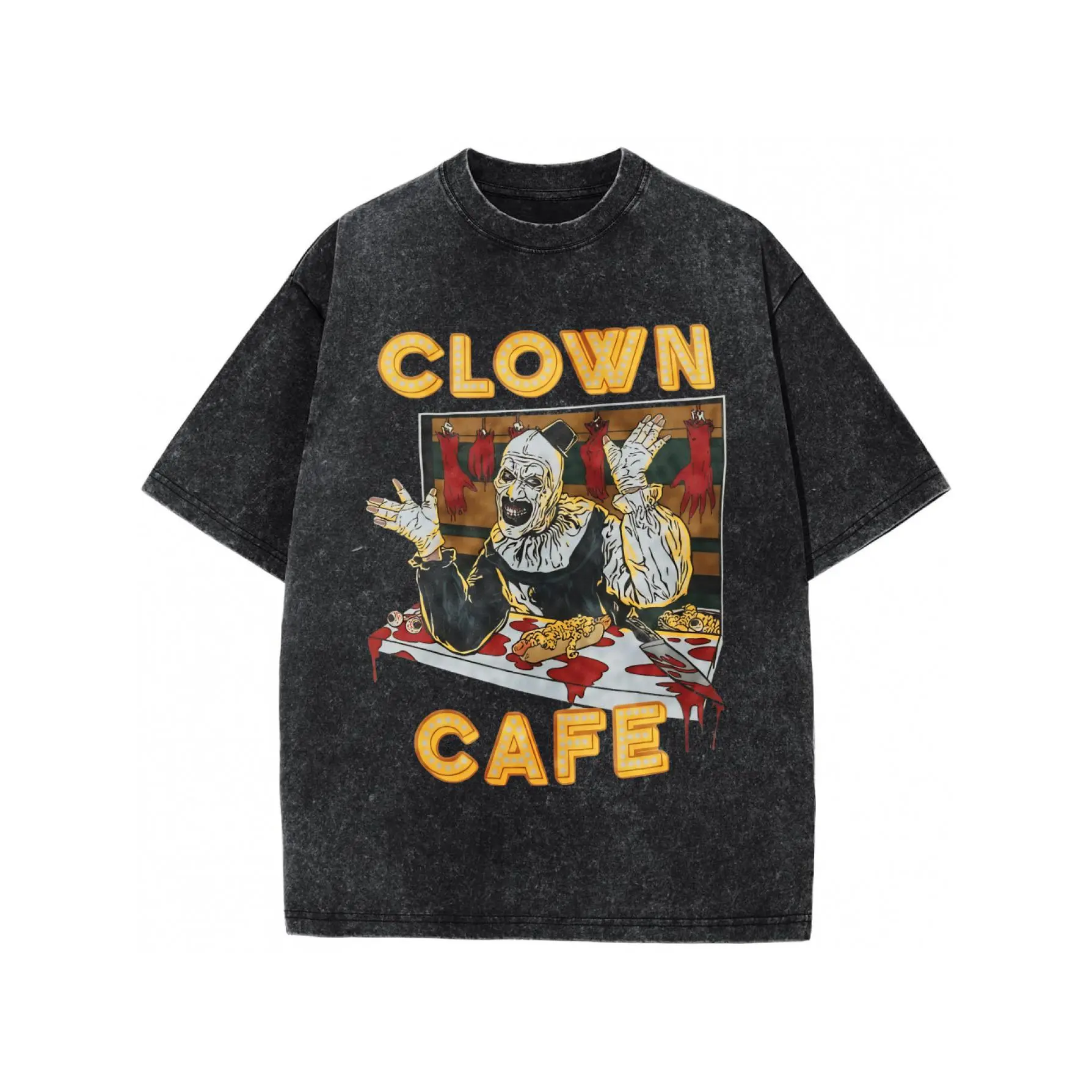 Men's Vintage Terrifier Clown Café Graphic Print Short Sleeve Round Neck Regular Fit Stretch Knit Casual Streetwear T-Shirt, Machine Washable, Casual Top