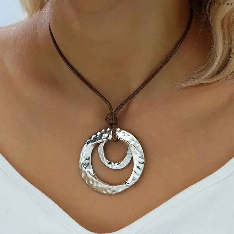 Women's Vintage Hand Hammered Silver Abstract Circle Heart Pendant Necklace with Adjustable Leather Cord, Boho Statement Costume Jewelry for Casual Wear, Adjustable Cord, Choker, Set, Adjustable Length Necklace, Boho Style Necklace