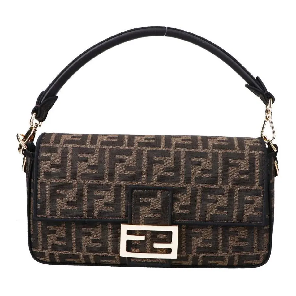 Fendi Baguette Handbag for Women – FF Logo Jacquard Fabric with Gold-Tone Hardware, Brown