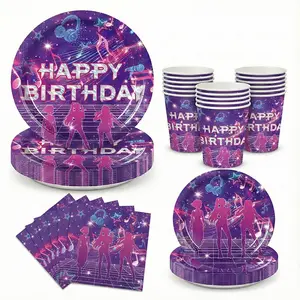 60PCS Kpop Music Theme Birthday Party Tableware Set, Disposable Paper Plates Cups Napkins, Purple Pink Concert Singer Stage Party Supplies for Disco Pop Decorations