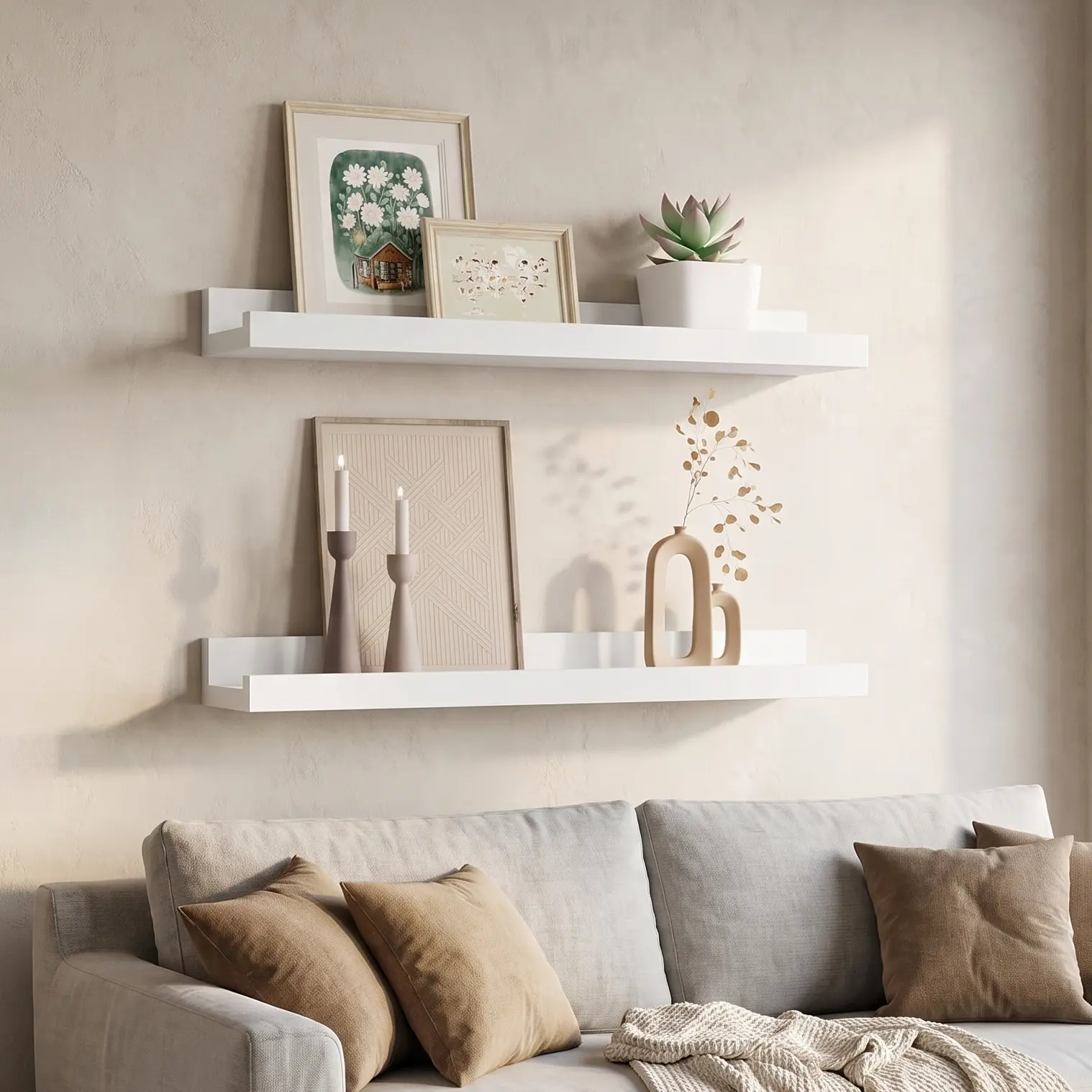 Floating Picture Ledge Shelves Set of 2, 16 Inch Solid Wood Wall Shelves with Lip, Large Nursery Book Shelf for Toys Storage, Kids Bookshelf, Living Room, Bedroom Decor Frames, White Color