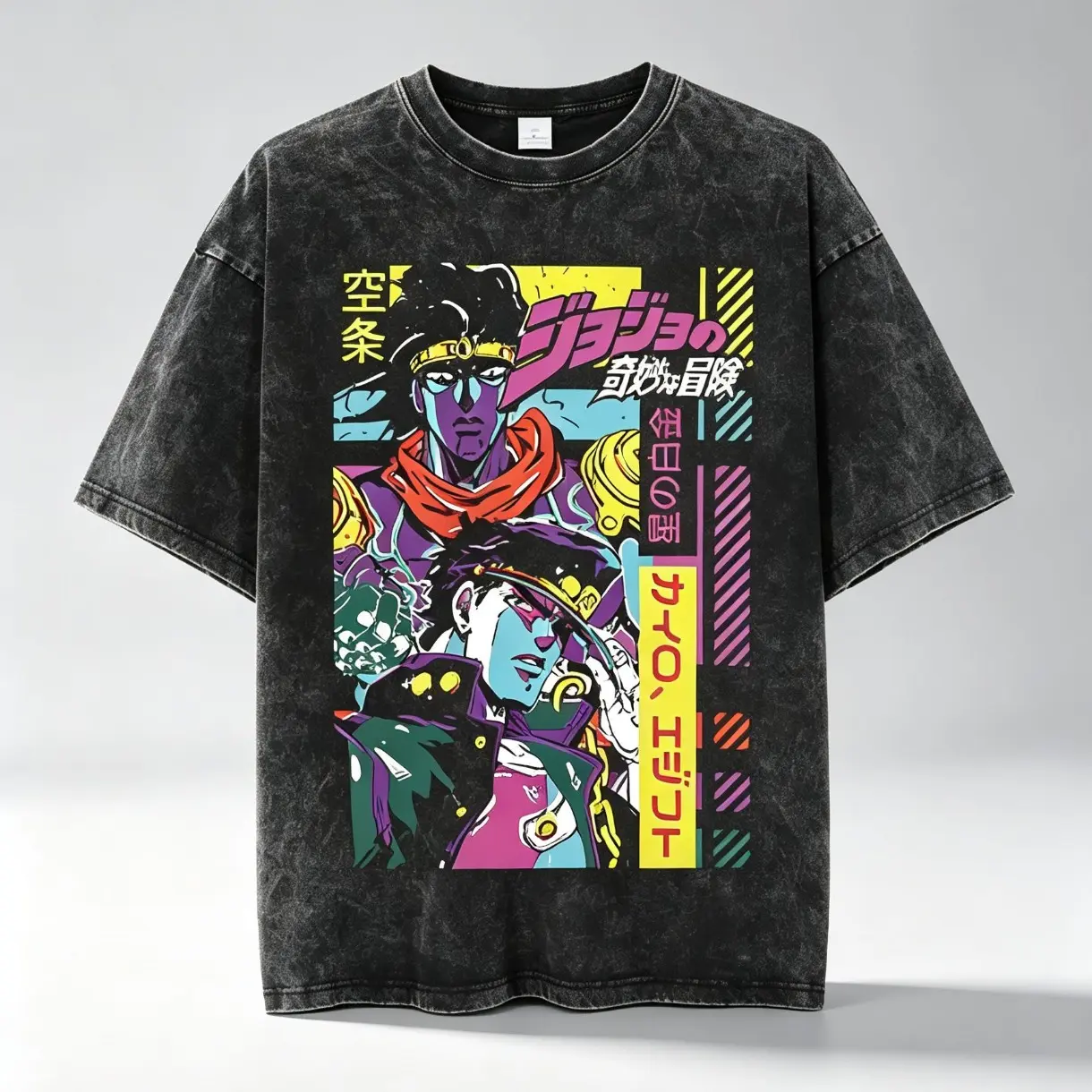 JoJo Bizarre Adventure Anime Graphic Tee, Vintage Washed Cotton T-Shirt, Y2K Hip Hop Streetwear Top, Oversized Casual Summer Fashion for Men Women