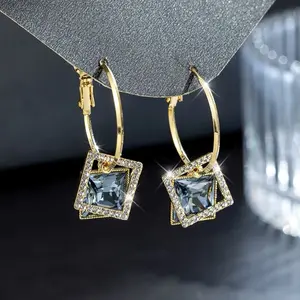 Square Hoop Earrings With Cubic Zirconia Crystal Inlaid Elegant High End 925 Silver Needle Fashion Ear Jewelry For Women