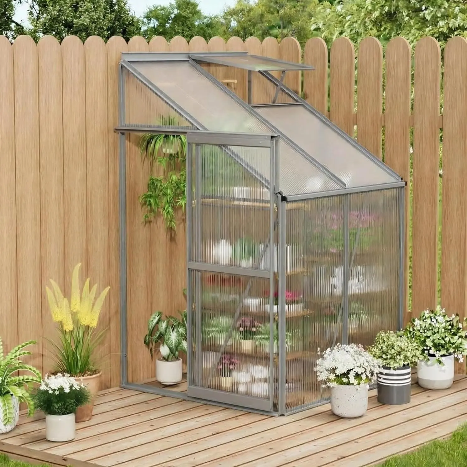 Compact 4x4FT Lean-to Polycarbonate Greenhouse – Small Walk-In Outdoor Greenhouse Kit with Adjustable Vent Window, Sliding Door, Portable for Winter Gardening, Black Oxide