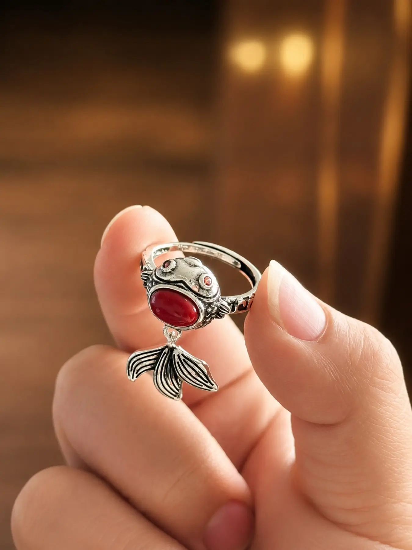 Vintage Silver Koi Fish Adjustable Ring, Red Inlay Lucky Carp Open Ring With Dangling Fish Tail Charm, Retro Boho Jewelry For Women