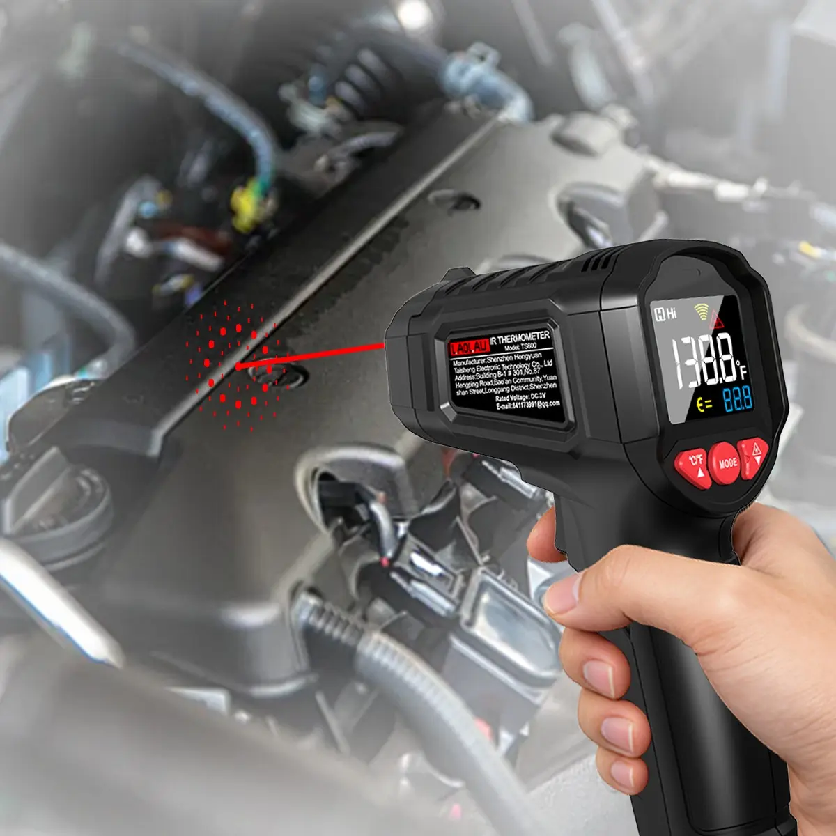 Industrial Color Screen Thermometer Gun, 50-600°c Adjustable Emissivity, Multi-Point Laser, Ideal for Industrial Maintenance and Home Use