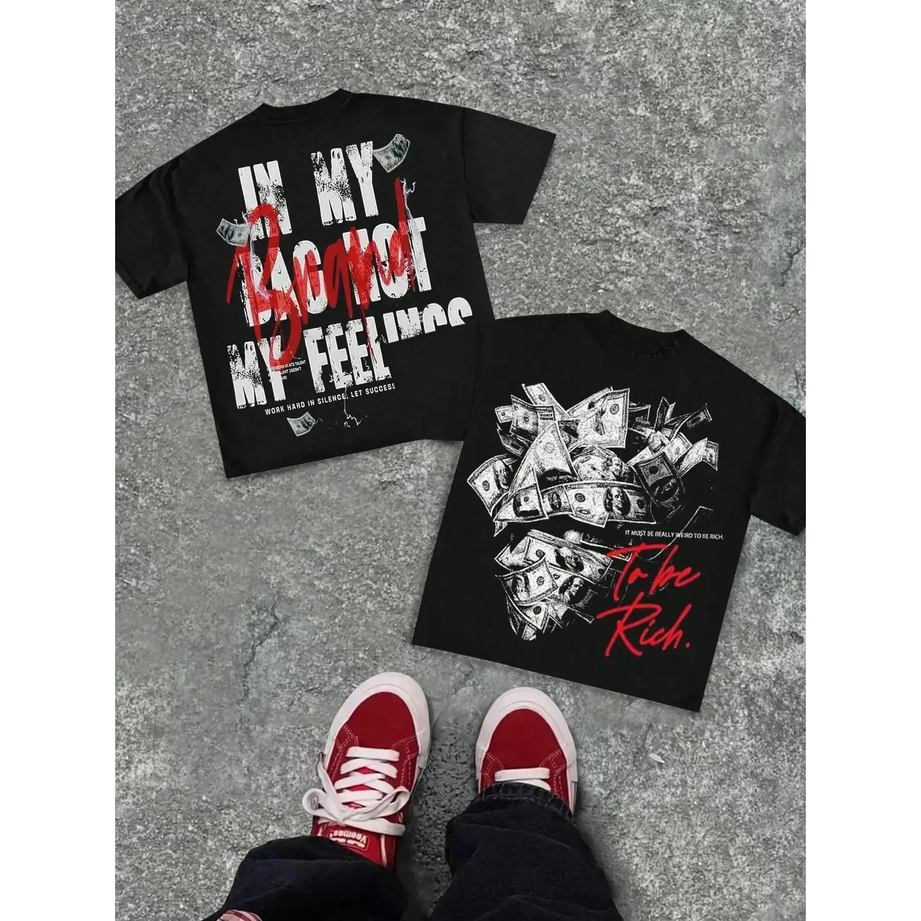 Oversized Black Graphic T-Shirt Menswear Fashion |   Y2K Streetwear Hustle Money Print Tee |   'To Be Rich' Statement Top for Hip-Hop Night Out & Street Style Casual Graphic Design Crewneck
