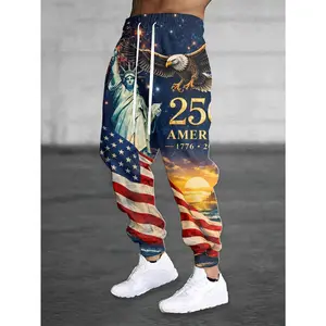1pc Men'S Casual Polyester Sweatpants With American Flag Eagle Print, High Stretch Knit Fabric, Regular Fit Animal Pattern Joggers Menswear Multicolor Fathersdaygift
