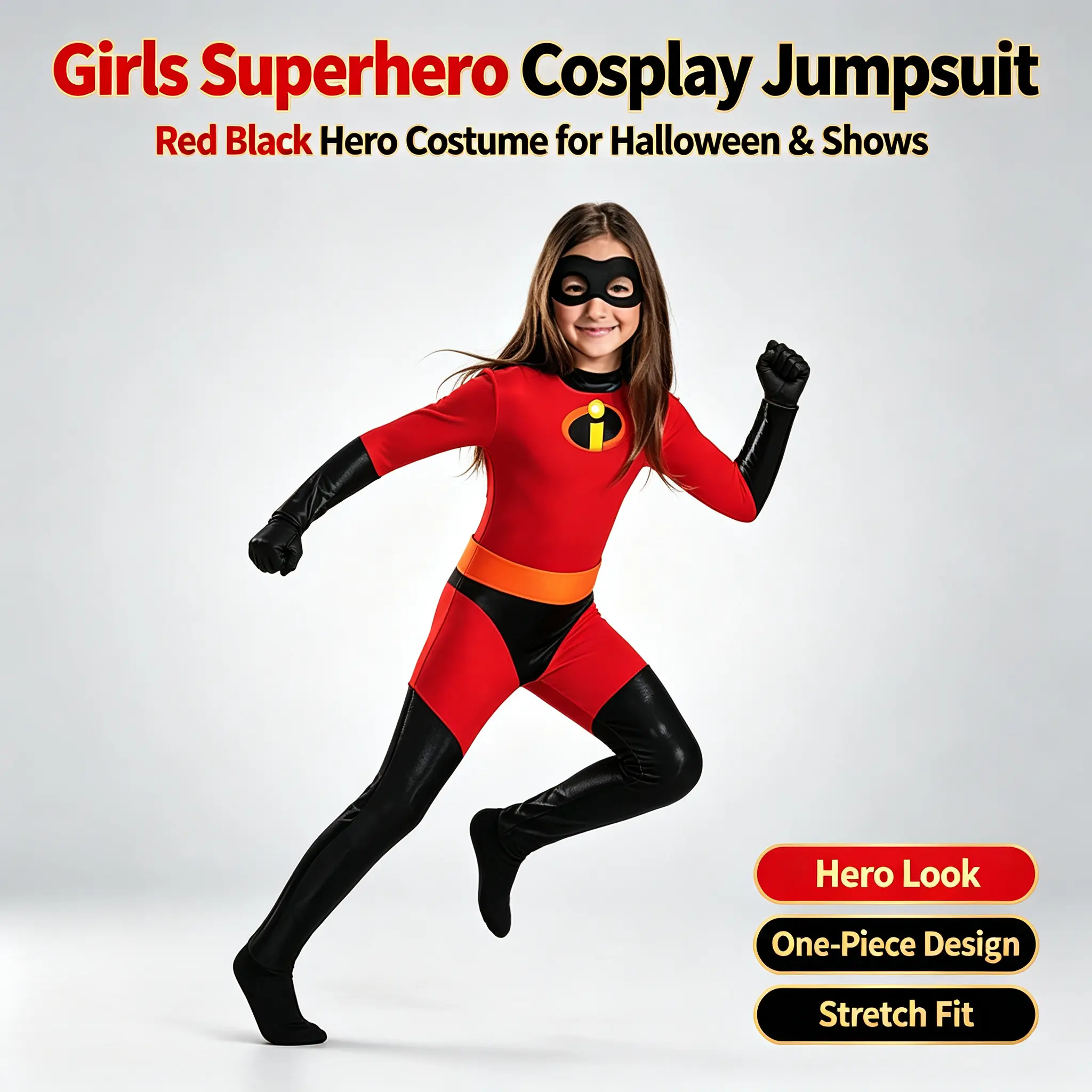 Girls Superhero Cosplay Jumpsuit | Red Black Hero Costume for Halloween, Stage Shows & Dress-Up