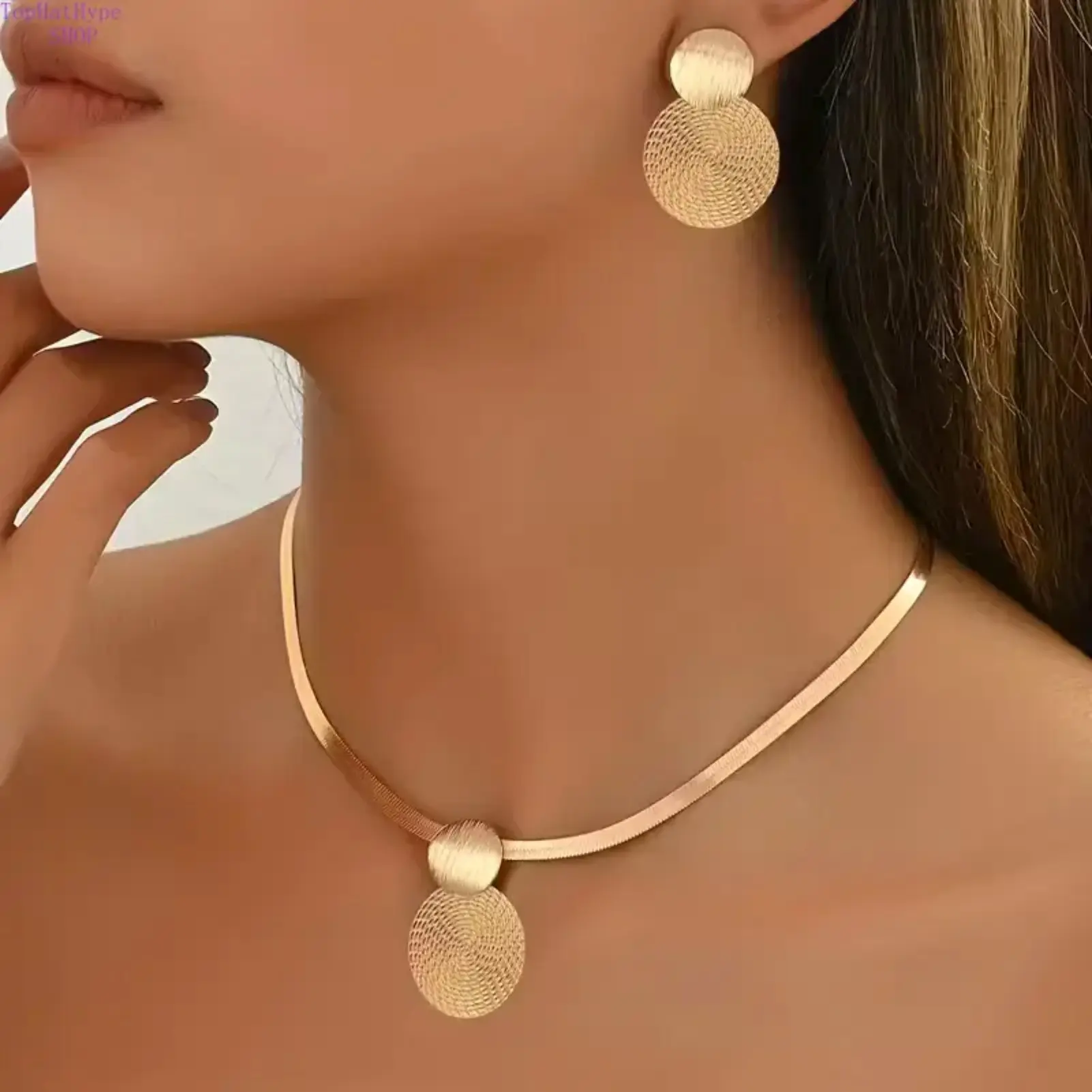 14K Gold Plated Double Circle Disc Jewelry Set, Textured Snake Chain Necklace & Drop Earrings, Minimal Geometric Accessory for Women Daily Wear & Gift Giving