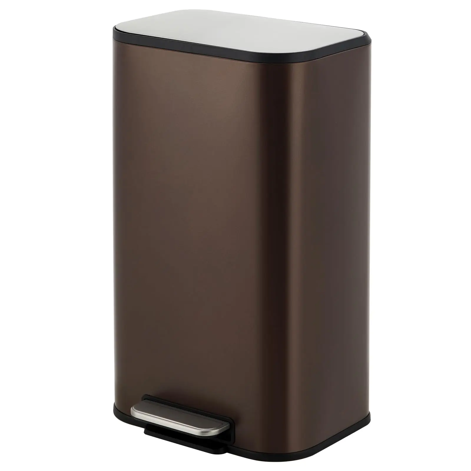 Garvee Stainless Steel Trash Cans with Soft-Close Lid, Rectangular Design, Step-On Pedal, and Inner Bucket for Kitchen, Home, Office, and Bathroom, Available in 3.2, 5.3, and 8 Gallon Capacities, Brown