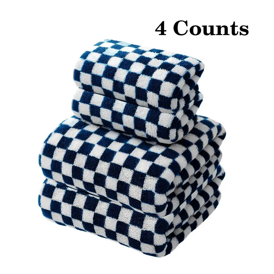 Checkerboard Pattern Large-Sized Bath Towel Sets 4-Piece - Soft Absorbent Breathable Towels for Home Bathroom Travel